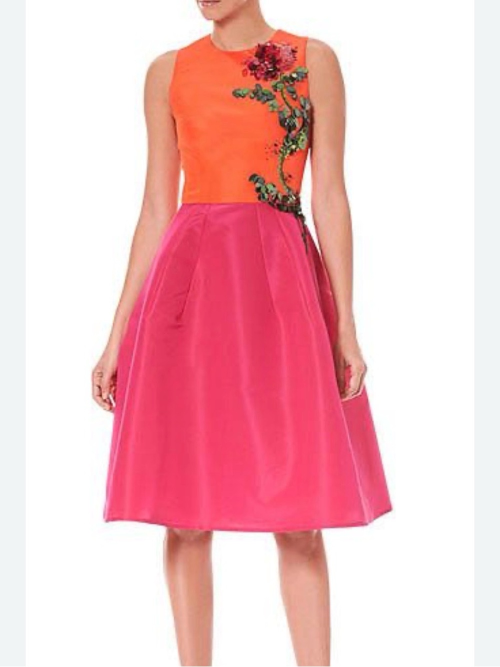 Carolina Herrera Sleeveless Orange & Pink Floral Embellished A-Line Dress